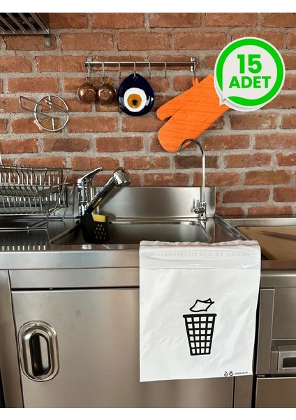 Kendinden Yapışkanlı Sızdırmaz İz Bırakmaz Çift Taraf Aç-Kapa Bantlı Çöp Torbası 15 Adet 25x25+5Cm