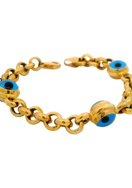 Üç Nazar Boncuklu Kalın Zincir Şık Yeşil Altın Bileklik