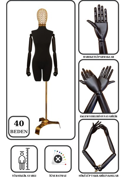 40 Beden Tel Kafalı Gold Ayaklı Pantolon Giyebilen Terzi Mankeni Vitrin Mankeni Prova Mankeni