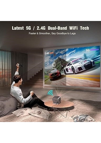 4K Projektör Wifi ve Bluetooth, 3D Stereo Ses 1080P - Gri