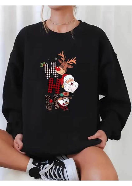 Yılbaşı Yeni Yıl Konsept Ho Ho Ho Baskılı Bisiklet Yaka Oversize Sweatshirt Unisex