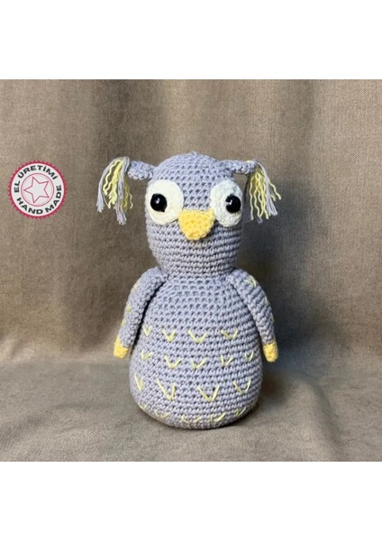 El Örgüsü Amigurumi Gri Sevimli Baykuş - 11 x 18 cm