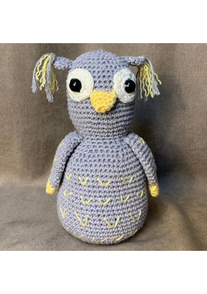 El Örgüsü Amigurumi Gri Sevimli Baykuş - 11 x 18 cm