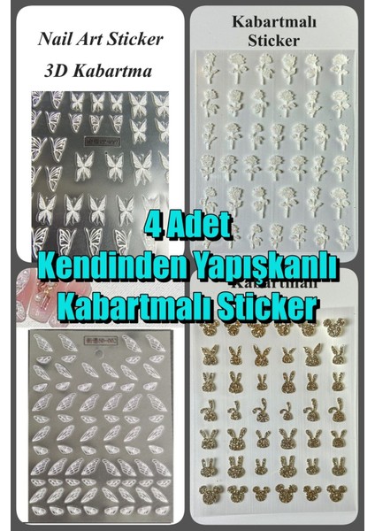 4 Adet Kendinden Yapışkanlı Kabartma Tırnak Sticker, Nail Art, Tırnak Süsleme, Tırnak Dövmesi