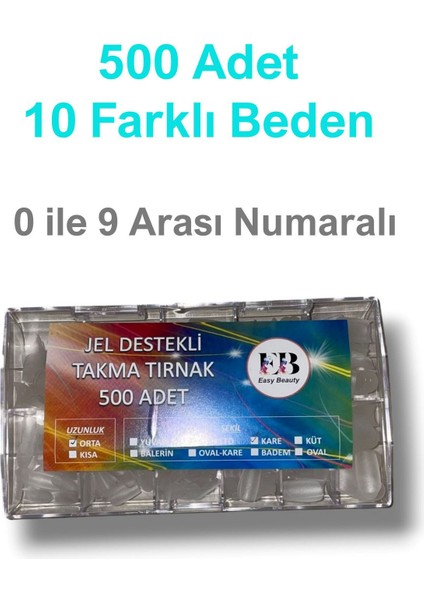 500 Adet Yeni Nesil Jel Destekli Badem Orta Uzun Takma Tırnak Seti. 10 Farklı Beden