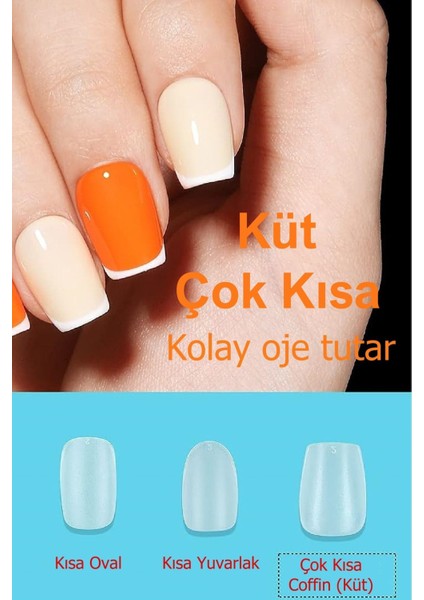 500 Adet Yeni Nesil Jel Destekli Küt Şekil Çok Kısa Takma Tırnak Seti. 10 Farklı Beden