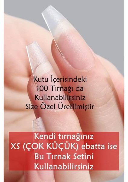 100 Adet XSMALL Beden KÜT Takma Tırnak ORTA Uzunlukta Tabut Şekil Yapıştırıcı Hediyeli