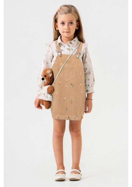 Baskılı Jile Keten Pamuklu Gömlek Kız Çocuk Ayıcık Aksesuarlı takım - Camel