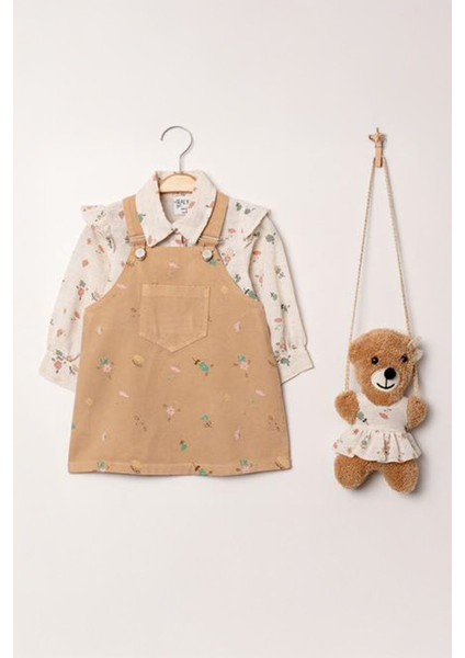 Baskılı Jile Keten Pamuklu Gömlek Kız Çocuk Ayıcık Aksesuarlı takım - Camel fiyatları