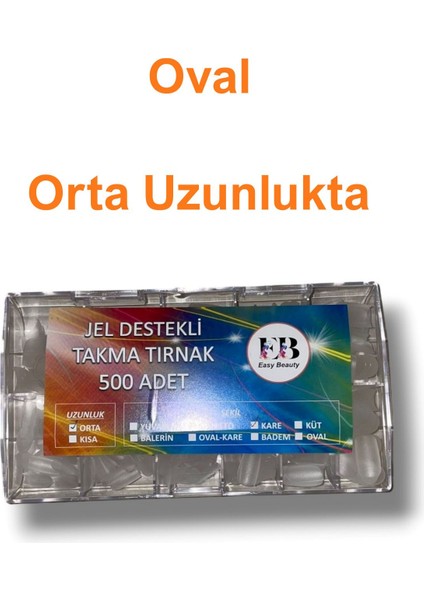 500 Adet Yeni Nesil Jel Destekli Oval Şekil Orta Uzunlukta Takma Tırnak Seti. 10 Farklı Beden