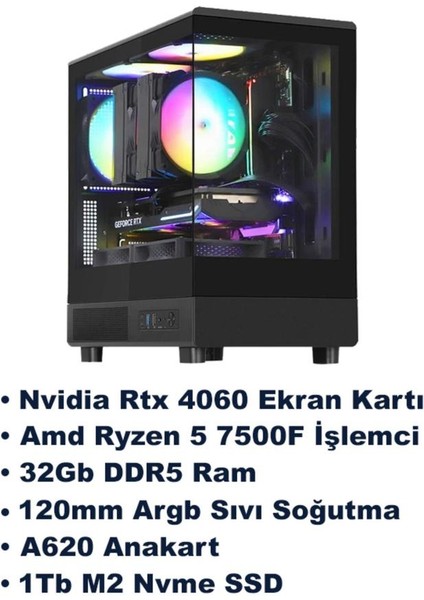 V2 Ryzen 5 7500F 32GB Ddr5 Ram Rtx 4060 1tb M2 SSD Sıvı Soğutmalı Güncel Sistem