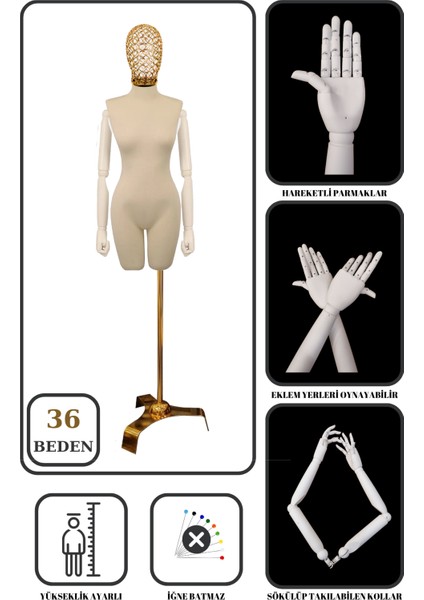 36 Beden Tel Kafalı Gold Ayaklı Pantolon Giyebilen Terzi Mankeni Vitrin Mankeni Prova Mankeni