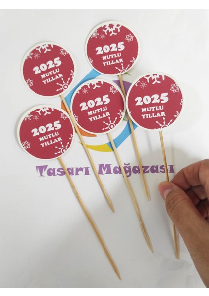 15 cm Uzun Kürdan - 30 Adet Dekoratif 2025 Mutlu Yıllar Baskılı Yılbaşı Kürdanı-Kokteyl Karıştırıcı