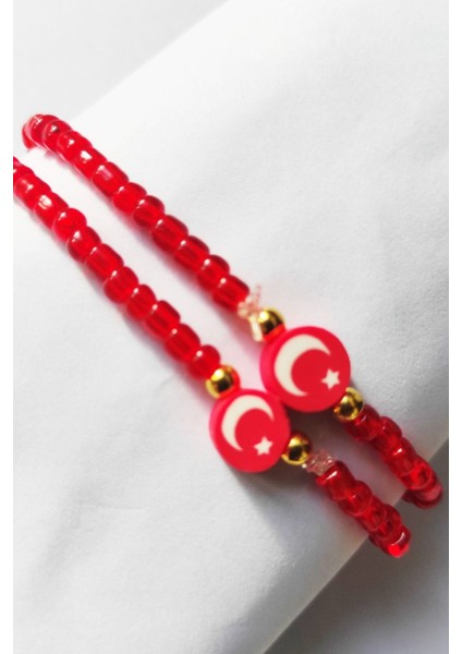 Beyhan Bayhan 2 Adet Ay Yıldız Kırmızı Cam Boncuklu Bileklik - 29 Ekim 23 Nisan Milli Bayram