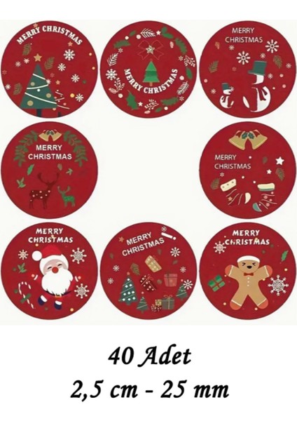 80 Adet 2,5 cm Kırmızı Merry Christmas Baskılı Etiket Sticker - Yılbaşı Paketi Etiketi