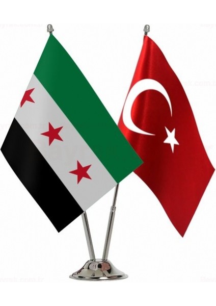 Yeni Suriye ve Türkiye Ikili Krom Ayaklı Ikili Masa Bayrağı Seti
