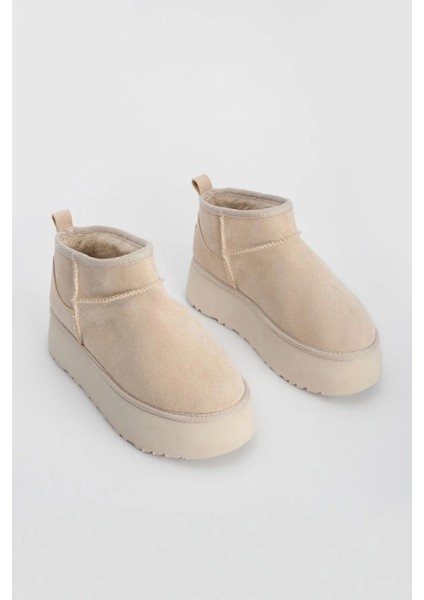 Wissal Kadın Kalın Taban Içi Kürklü Yarım Bot Bej Süet