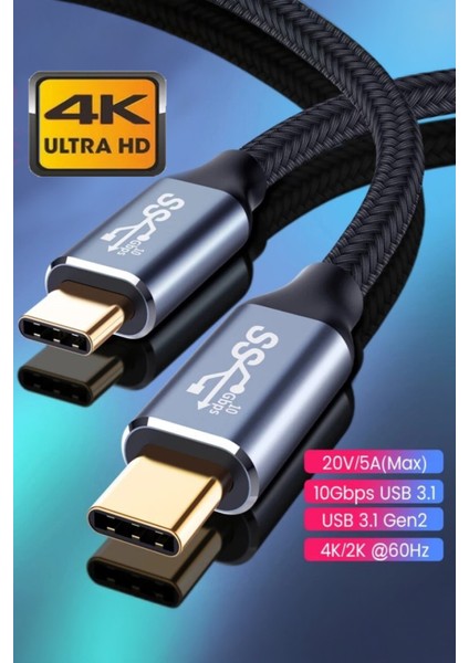 C4 Type-C To Type-C 5A/100W/10GBPS Şarj Data ve 4K Görüntü Aktarım Kablosu -2mt