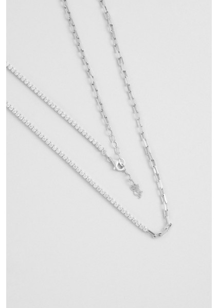 Zarafet 18 Ayar Beyaz Altın Kaplama 45 cm Gümüş Su Yolu Kolye