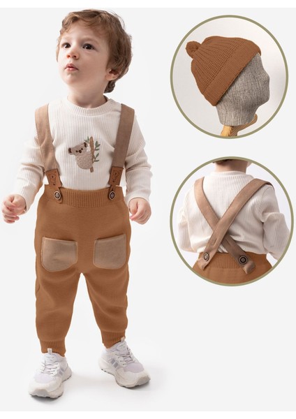 Triko Salopet Erkek Bebek 3 lü takım - Kahverengi