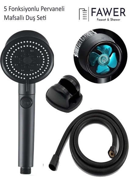 Siyah Turbo 5 Fonksiyonlu Pervaneli Mafsallı Duş Seti Duş Başlığı