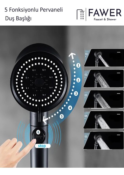 Siyah Turbo 5 Fonksiyonlu Pervaneli Mafsallı Duş Seti Duş Başlığı