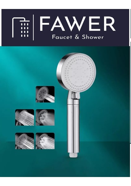 FAWER Faucet & Shower 5 Fonksiyonlu Krom Yüksek Basınçlı Ayarlanabilir Duş Başlığı El Duşu