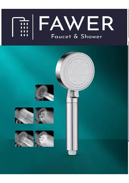 FAWER Faucet & Shower 5 Fonksiyonlu Krom Yüksek Basınçlı Ayarlanabilir Duş Başlığı El Duşu