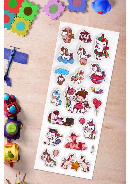 Pony Renkli Unicorn Kabartmalı Sticker Yapıştırma