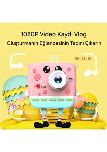 Çift Objektifli 1080 P Sünger Bob Kare Pantolon Çocuklar Için Dijital Video Kamera Pembe