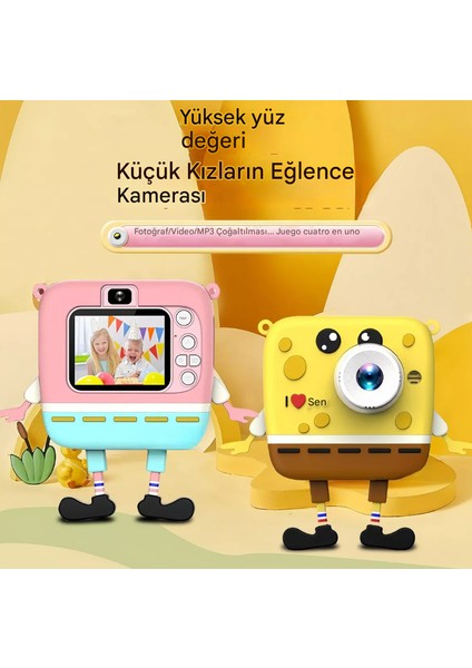 Çift Objektifli 1080 P Sünger Bob Kare Pantolon Çocuklar Için Dijital Video Kamera Pembe