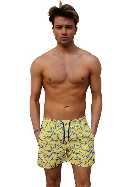 Sarı Balık Desenli Standart Boy Mayo Deniz Şortu