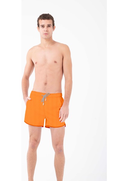Turuncu Yazı Desenli Erkek Mini Boy Mayo Deniz Şortu