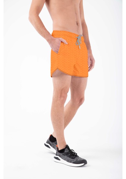 Turuncu Yazı Desenli Erkek Mini Boy Mayo Deniz Şortu modelleri
