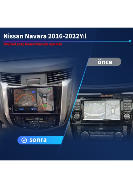 Nissan Navara 2016-2022 Yıl Android Sürüm 13 Kablosuz Carplay Navigasyon Multimedya 9 Inç Ekran Çerçeve ve Arka Görüş Kamerası ile 4G Ram + 64GB Hafıza