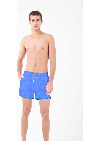 Saks Mavi Yazı Desenli Erkek Mini Boy Mayo Deniz Şortu