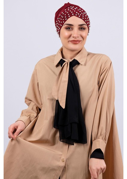 Bordo Pratik Hazır Geçmeli Tesettür Bone Sandy Kumaş Taşlı 1456_16