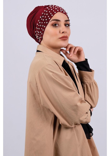 Bordo Pratik Hazır Geçmeli Tesettür Bone Sandy Kumaş Taşlı 1456_16 fiyatları