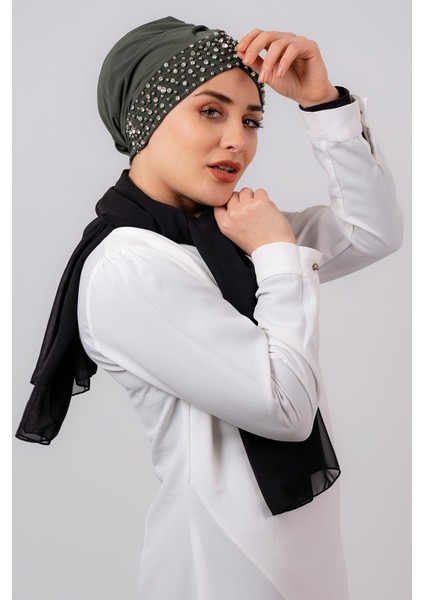Haki Pratik Hazır Geçmeli Tesettür Bone Sandy Kumaş Taşlı 1456_09