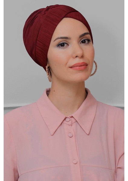 Bordo Pratik Hazır Geçmeli Tesettür Bone Fukuro Piliseli Çapraz Büzgülü 1822_16