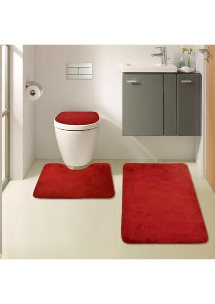 Unicolor Düz Kırmızı 3'lü Banyo Paspası Halısı Seti Kaymaz Deri Tabanlı Yıkanabilir Klozet Takımı