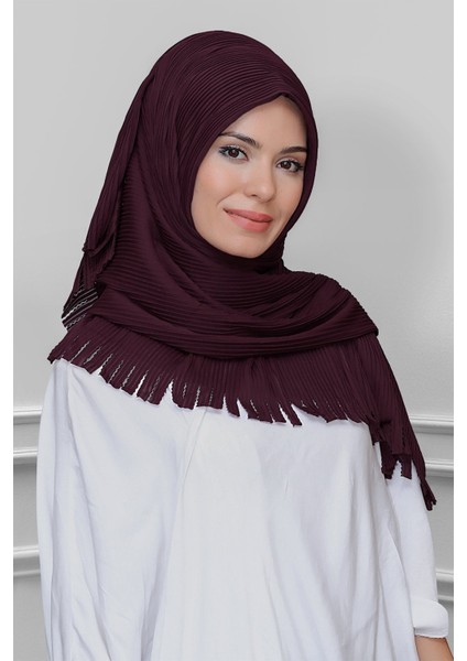 Bordo Arkadan Bağlamalı Tesettür Eşarp Kesik Elyaf Piliseli Saçaklı Lazer Kesim 1918_16