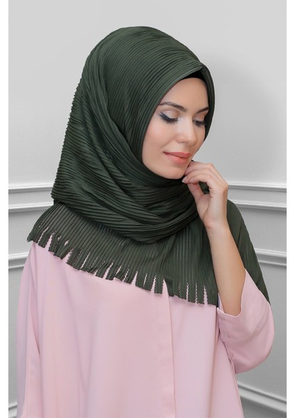 Haki Arkadan Bağlamalı Tesettür Eşarp Kesik Elyaf Piliseli Saçaklı Lazer Kesim 1918_09