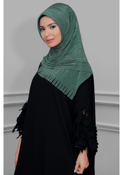 Su Yeşili Pratik Hazır Geçmeli Tesettür Eşarp Fukuro Piliseli Saçaklı Lazer Kesim 1828_32