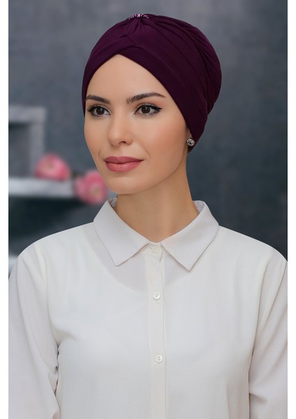 Mürdüm Pratik Hazır Geçmeli Tesettür Bone Sandy Kumaş Taçlı Büzgülü 1208_07