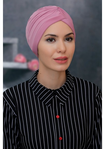 Gül Kurusu Pratik Hazır Geçmeli Tesettür Bone Sandy Kumaş Taçlı Büzgülü 1208_18
