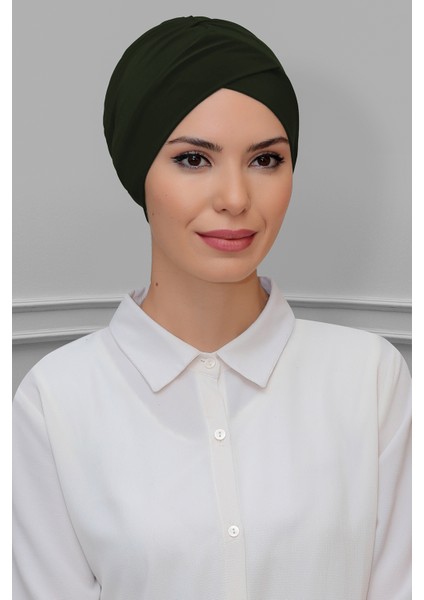Haki Pratik Hazır Geçmeli Tesettür Bone Sandy Kumaş Çapraz Büzgülü 1801_09