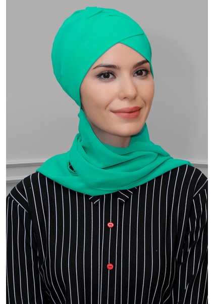 Su Yeşili Pratik Hazır Geçmeli Tesettür Bone Sandy Kumaş Çapraz Büzgülü Şifon Atkılı 1801A_32