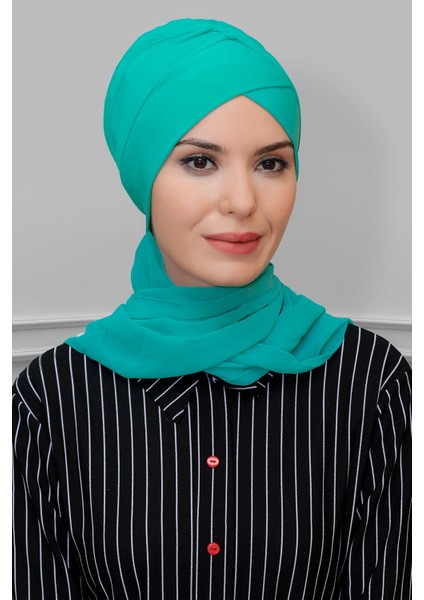 Mint Y. Pratik Hazır Geçmeli Tesettür Bone Sandy Kumaş Çapraz Büzgülü Şifon Atkılı 1801A_13