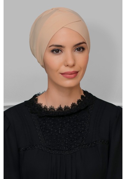 Sütlü Kahve Pratik Hazır Geçmeli Tesettür Bone Sandy Kumaş Çapraz Büzgülü 1801_26